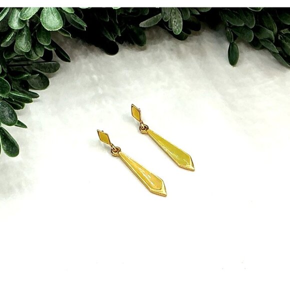 Gold-Tone Geometric Drop Earrings Yellow Enamel Finish Sleek Tapered Design L - Picture 2 of 6